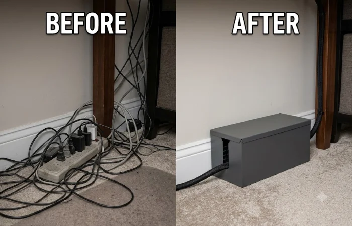 Before and after using a cable management box — tangled cables hidden inside a steel desk organizer