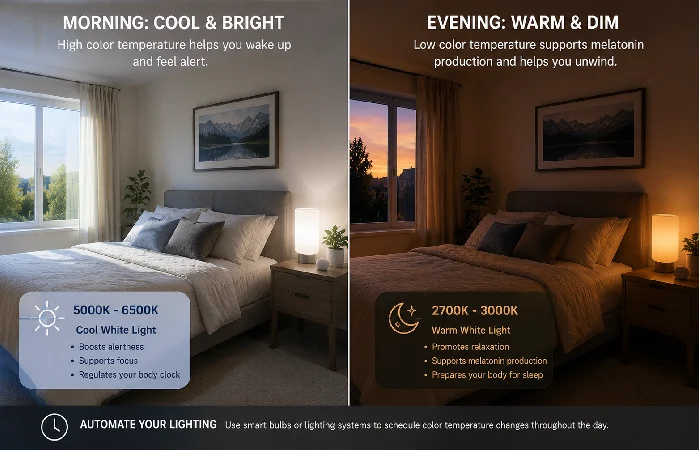Smart bedroom lighting showing circadian color temperature shift from cool morning to warm evening