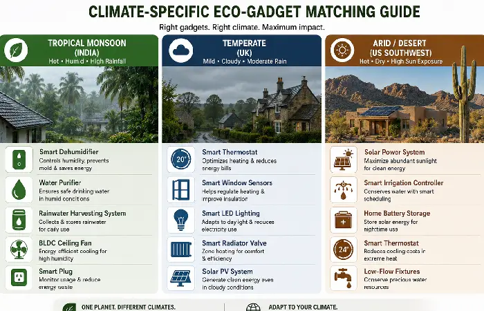 Climate zone eco-gadget matching guide for tropical India, temperate UK, and arid US regions