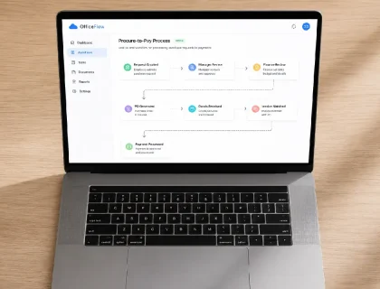 Cloud-based office automation workflow dashboard on laptop screen showing connected business process nodes