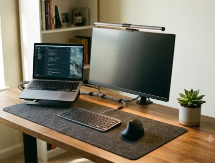 Clean work from home desk setup with monitor light bar, desk mat, vertical mouse, cable management, and small plant — cool desk accessories arranged on a minimal wooden desk