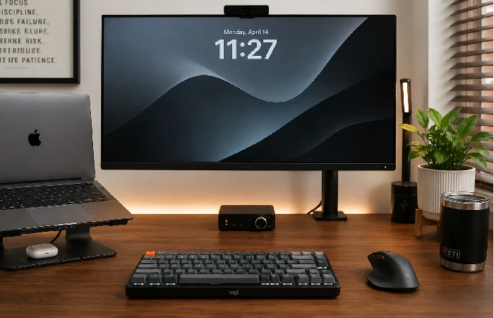 Core home office gadgets setup 2026 — external monitor, laptop stand, and ergonomic keyboard