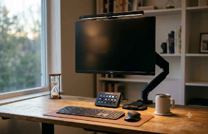 A clean, organized deep-focus desk setup featuring an asymmetric monitor light bar, a macropad, and ergonomic risers. 