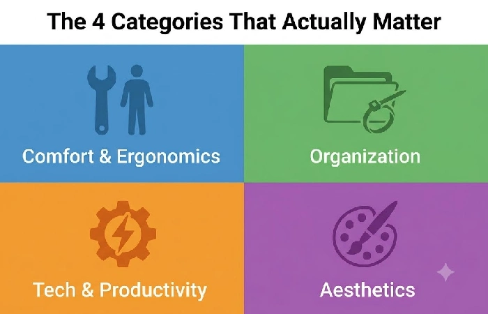 Infographic showing four desk accessory categories: comfort, organization, tech, aesthetics