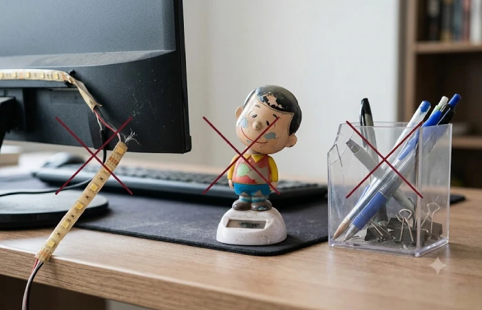 Common desk accessory regret purchases: cheap RGB strip, novelty desk toy, and flimsy plastic organizer