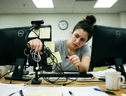 A frustrated woman struggling with tangled cables, a low monitor, and a cold coffee mug at a cluttered desk.