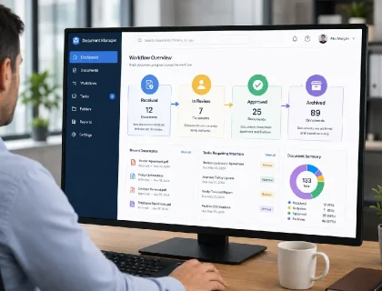 Dashboard showing automated document management workflow in an office.