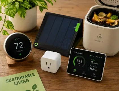 Best eco-friendly home gadgets for sustainable living including smart thermostat, solar panel, and energy monitor