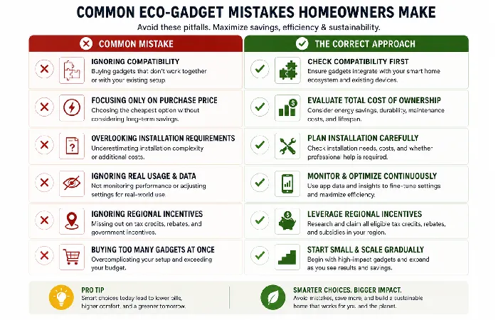 Common eco-gadget mistakes checklist including compatibility checks and regional incentives