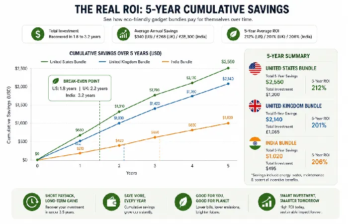 5-year ROI comparison chart for eco-friendly gadget bundles across US UK and India
