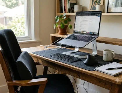 A realistic home office desk setup featuring a vertical mouse, a laptop on an adjustable stand, and a subtle lumbar cushion on the chair.