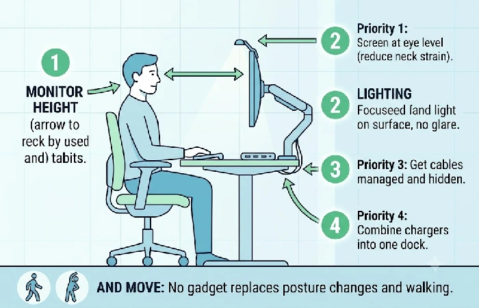 A diagram showing the priority list for setting up a desk, starting with monitor height and posture.
