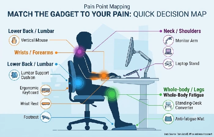 Infographic mapping body pain points like neck, back, and wrist strain to specific ergonomic desk accessories. 