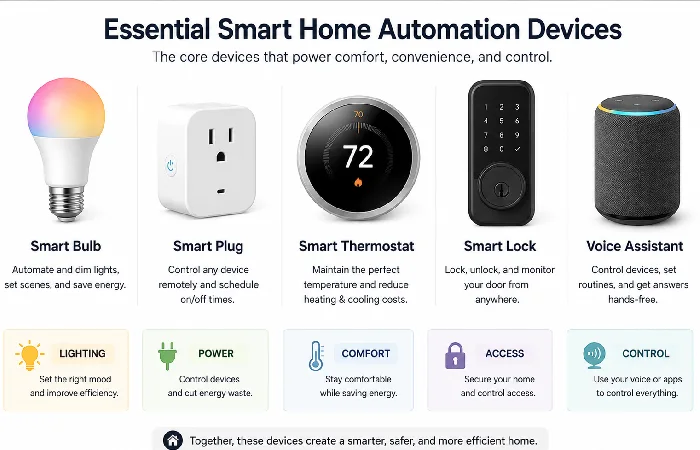 Essential smart home automation devices including smart bulbs, plugs, thermostat, lock, and voice assistant