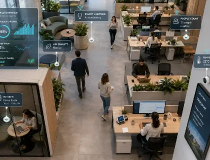 Modern smart office environment showing automated workspace technology and IoT sensors in 2026