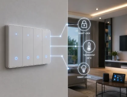 Smart switch panel glowing on a modern wall with connected home devices illustrated in the background