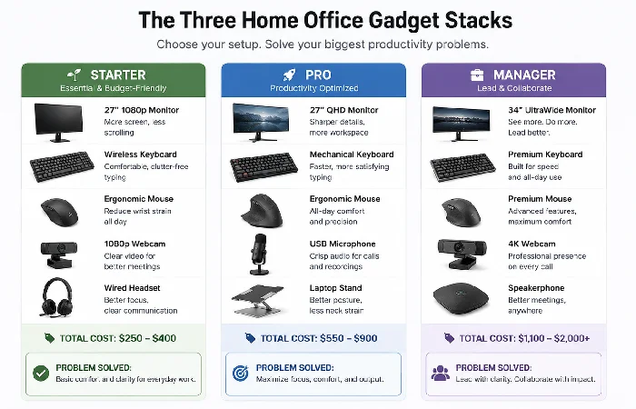 Home office gadget stacks comparison 2026 — Starter, Pro, and Manager setups with costs