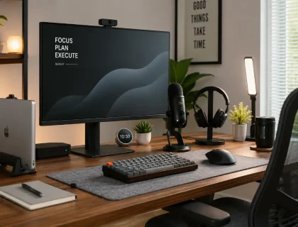 Best home office gadgets for productivity 2026 — desk setup with monitor, microphone, and ergonomic accessories