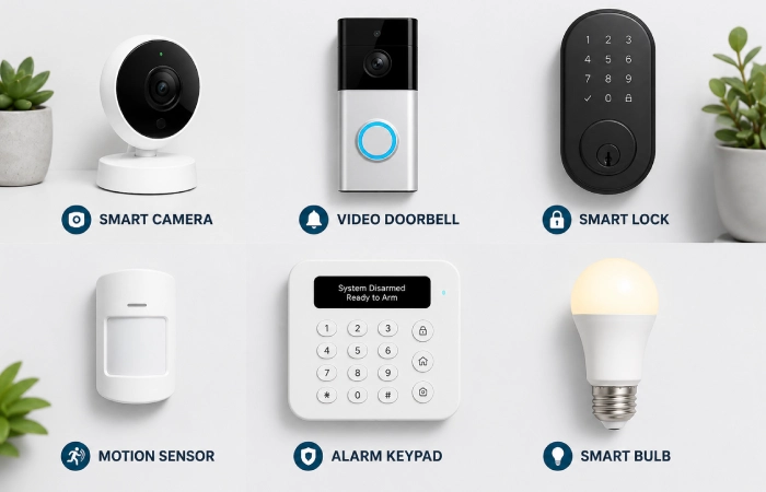 Six categories of home security gadgets arranged on a flat surface