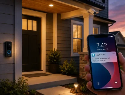 Home security gadgets including video doorbell and outdoor camera on a modern porch at dusk