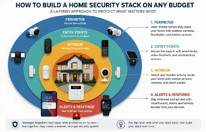 Home security stack diagram showing four protection layers from perimeter to alerts
