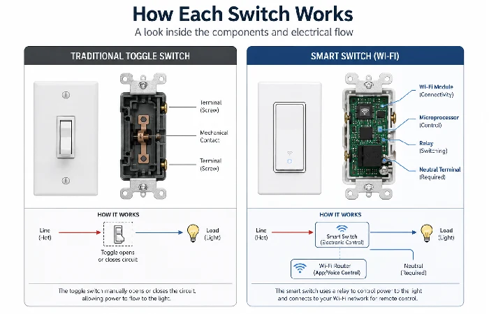 Diagram comparing internal components of a smart switch and a traditional switch