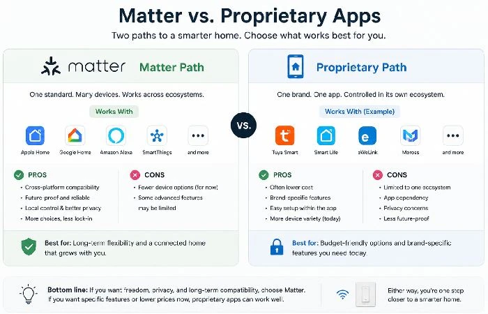 Matter and proprietary smart home apps compared for compatibility Select 84 more words to run Humanizer.