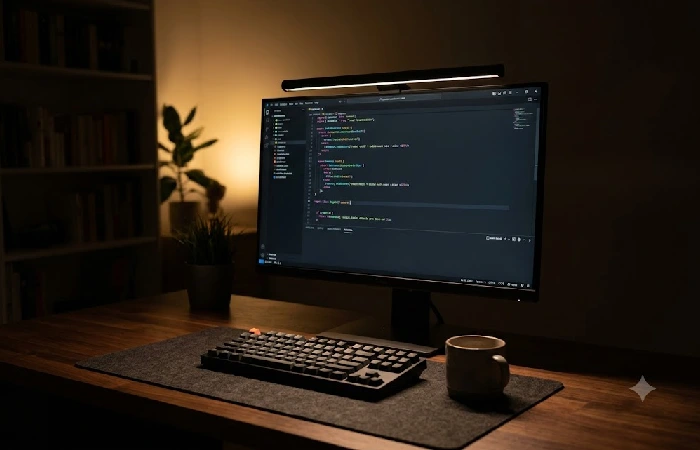Monitor light bar illuminating a keyboard and desk surface without screen glare in a dimly lit home office