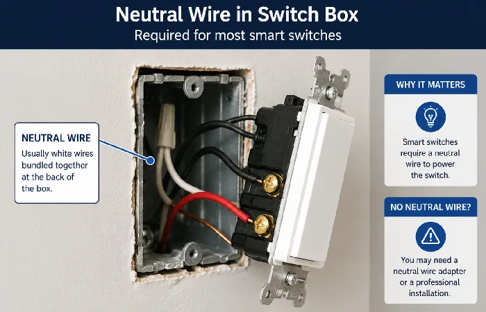 Open switch box showing neutral wire location for smart switch installation