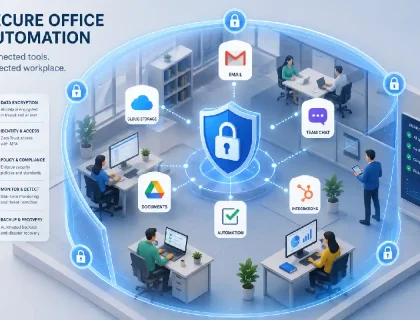 Office automation security framework showing connected workplace tools protected by security layers