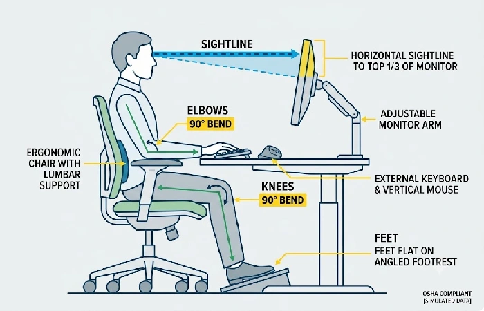 Line diagram illustrating correct ergonomic angles for screen height, elbow bend, and foot placement according to OSHA guidelines. 