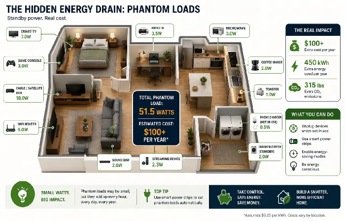 Phantom load infographic showing hidden energy drains costing $100 per year from standby devices