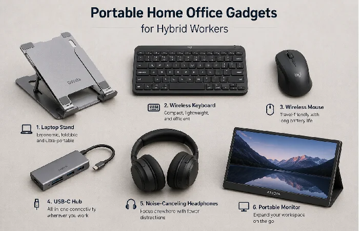 Portable home office gadgets for hybrid workers 2026 — laptop stand, wireless keyboard, USB hub, headphones