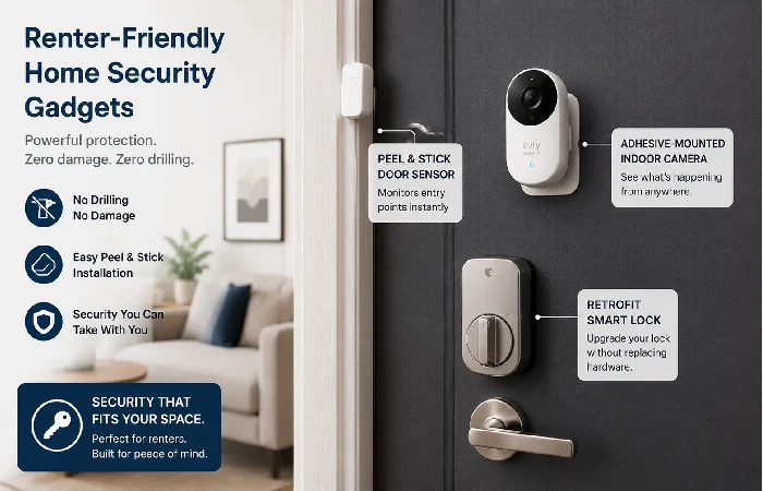 Renter-friendly home security gadgets installed on apartment door without drilling