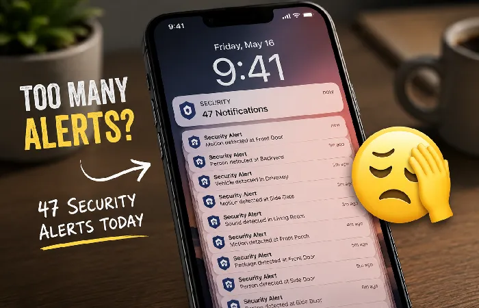 Phone screen overloaded with 47 security camera notifications showing notification fatigue