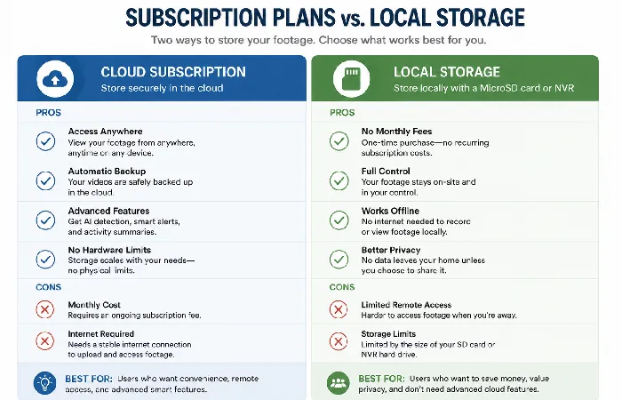 Comparison chart of cloud subscription versus local storage for security cameras