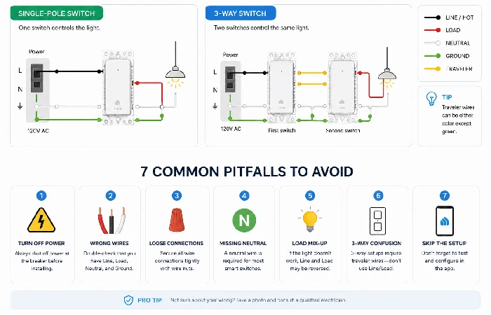 simple wiring diagram showing single pole and 3 way smart switch connections color coded