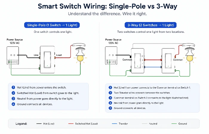 Diagram comparing single-pole and 3-way smart switch wiring configurations