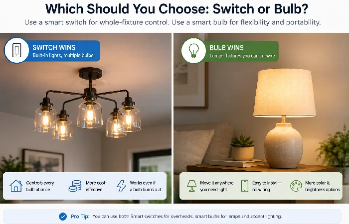 split image ceiling fixture for switch versus table lamp for smart bulb