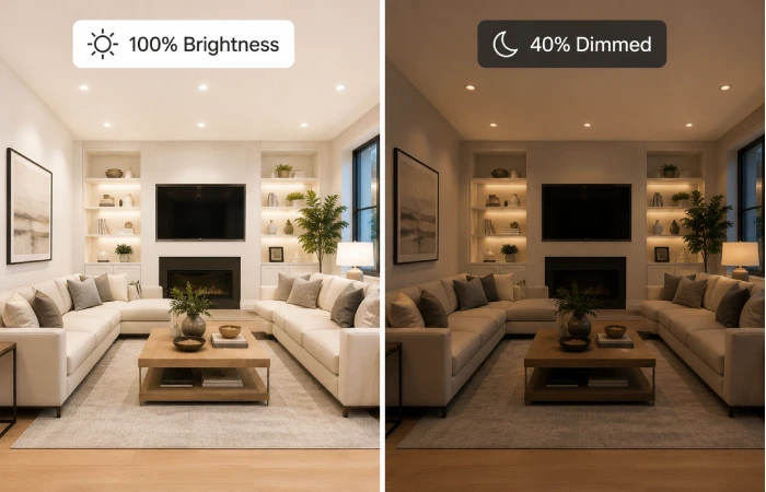 Living room showing full brightness versus dimmed lighting comparison