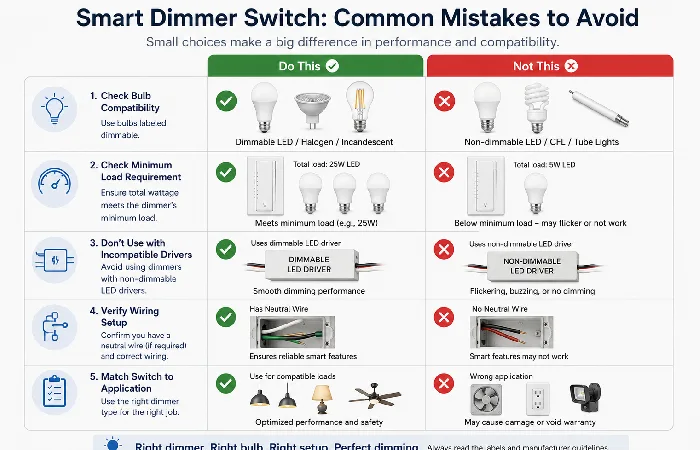 Infographic showing common smart dimmer switch buying mistakes and how to avoid them