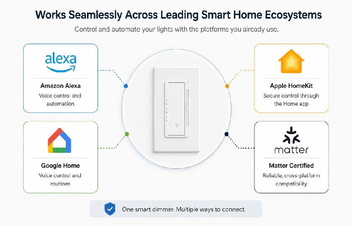 Smart dimmer switch compatibility with Alexa, Google Home, HomeKit, and Matter ecosystems