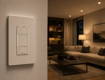 Smart dimmer switch installed in a modern living room with dimmed warm lighting
