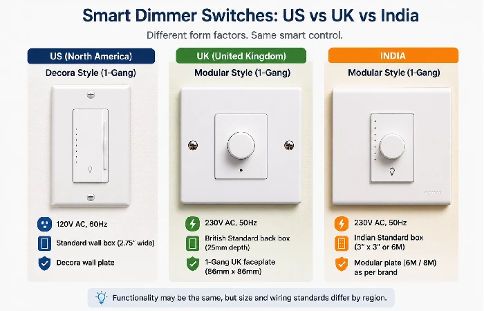 Smart dimmer switch form factors compared across US, UK, and India markets