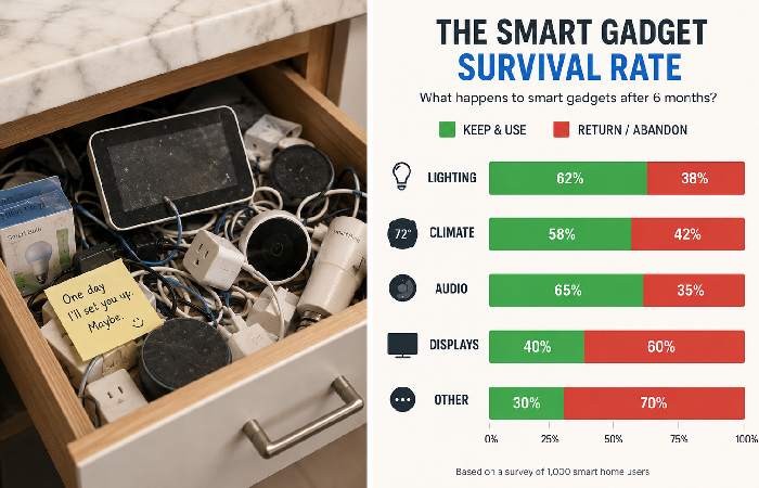 Kitchen drawer full of abandoned smart home gadgets and tangled cables