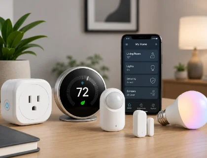 Collection of smart home gadgets including smart plug, thermostat, and sensor on a modern desk