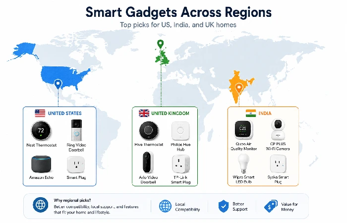Map showing recommended smart gadgets by region for US, India, and UK