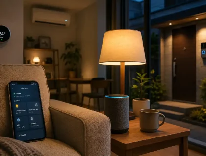 Smart home automation devices controlling lights, locks, and AC in a modern living room