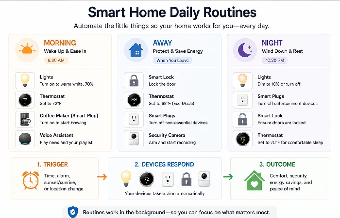Smart home automation daily routines showing morning wake-up, away mode, and night wind-down sequences