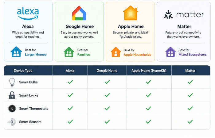 Comparison of smart home ecosystems Alexa Google Home Apple HomeKit and Matter for device compatibility